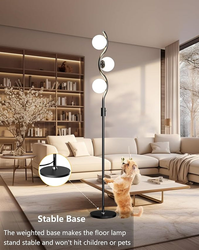 60IN Dimmable (Brightness Adjustable) Black Floor Lamp, Modern Standing Lamps with 3 Globe Soft Warm White 3000K Bulbs, Mid Century Floor Lamp for Living Room Bedroom Home Decor - LeafyLoom