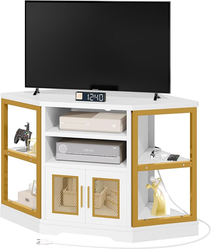 YITAHOME Corner TV Stand for TVs up to 55/50 Inch with Power Outlet, Modern Farmhouse Entertainment Center, Wood TV Media Console with Storage Cabinets Shelves for Living Room, 47", Gold - LeafyLoom