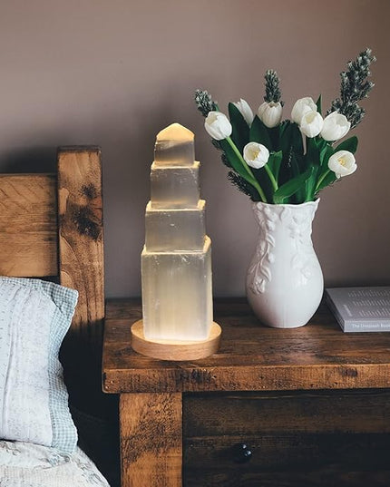 JIC Gem USB Selenite Tower Lamp Natural Selenite Skyscraper Healing Crystal Lamp 6 Inch with Wooden Light Stand Base - LeafyLoom