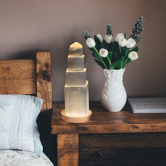 JIC Gem USB Selenite Tower Lamp Natural Selenite Skyscraper Healing Crystal Lamp 6 Inch with Wooden Light Stand Base - LeafyLoom