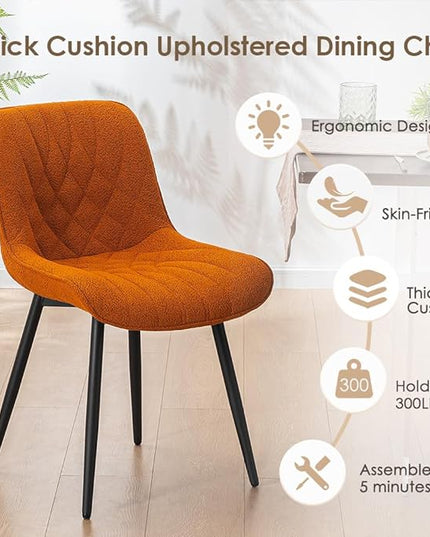 YOUNUOKE Comfortable Dining Chairs Set of 2, Mid-Century Modern Kitchen Dining Room Chairs, Upholstered Backrest Boucle Dining Chair with Black Metal, Orange - LeafyLoom