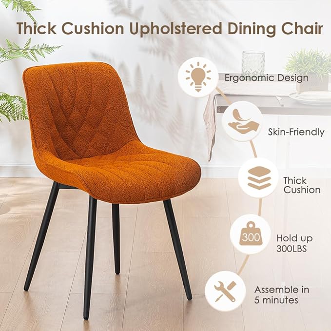 YOUNUOKE Comfortable Dining Chairs Set of 2, Mid-Century Modern Kitchen Dining Room Chairs, Upholstered Backrest Boucle Dining Chair with Black Metal, Orange - LeafyLoom