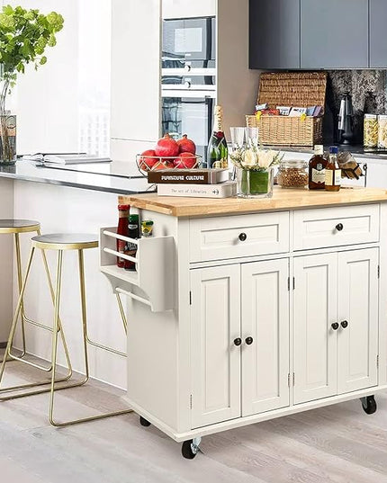 NSdirect Kitchen Island Cart,Kitchen Bar&Serving Cart Rolling on Wheels with Spice Rack Towel Holder Utility Storage Trolley with Storage Drawers for Home Hotel Kitchen Dinning Room(White) - LeafyLoom
