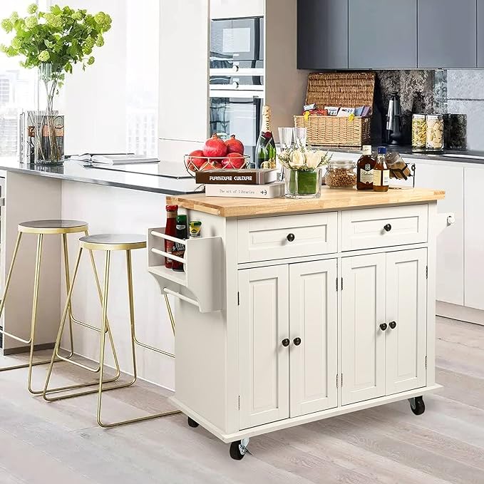 NSdirect Kitchen Island Cart,Kitchen Bar&Serving Cart Rolling on Wheels with Spice Rack Towel Holder Utility Storage Trolley with Storage Drawers for Home Hotel Kitchen Dinning Room(White) - LeafyLoom