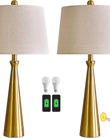 Oneach 25.75" 3-Way Dimmable Touch Control Modern USB Table Lamp Set of 2 for Living Room Bed Room Bedside Nightstand Lamps Fabric Shade Vintage Accent Light Gold Antique Brass - LeafyLoom