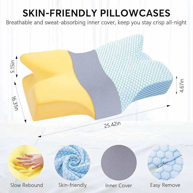 Anvo Cervical Neck Pillow for Neck and Shoulder Pain - Memory Foam Neck Pillows for Pain Relief Sleeping, Side Sleeper Pillow, Contour Orthopedic Firm Pillow for Back Stomach Sleeper - Blue - LeafyLoom