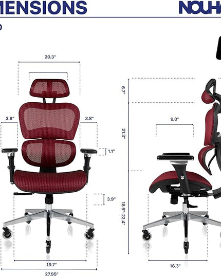 Nouhaus Ergo3D Ergonomic Office Chair Lumbar Support Mesh Office Chair with 4D Adjustable Armrest, Adjustable Headrest and Wheels, Mesh High Back Home Office Desk Chairs(Burgundy) - LeafyLoom