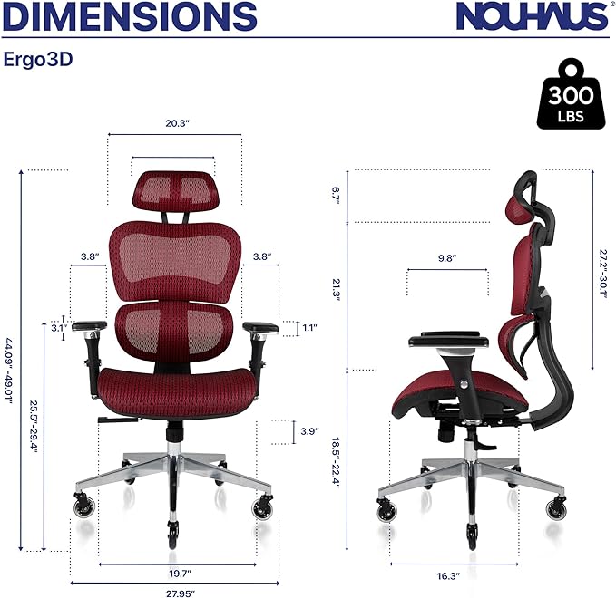 Nouhaus Ergo3D Ergonomic Office Chair Lumbar Support Mesh Office Chair with 4D Adjustable Armrest, Adjustable Headrest and Wheels, Mesh High Back Home Office Desk Chairs(Burgundy) - LeafyLoom