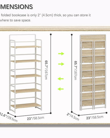 4NM No-Assembly 5 Tiers Folding Bookshelf Storage Shelves Vintage Bookcase Standing Racks Study Organizer Home Office (Natural and White) - LeafyLoom