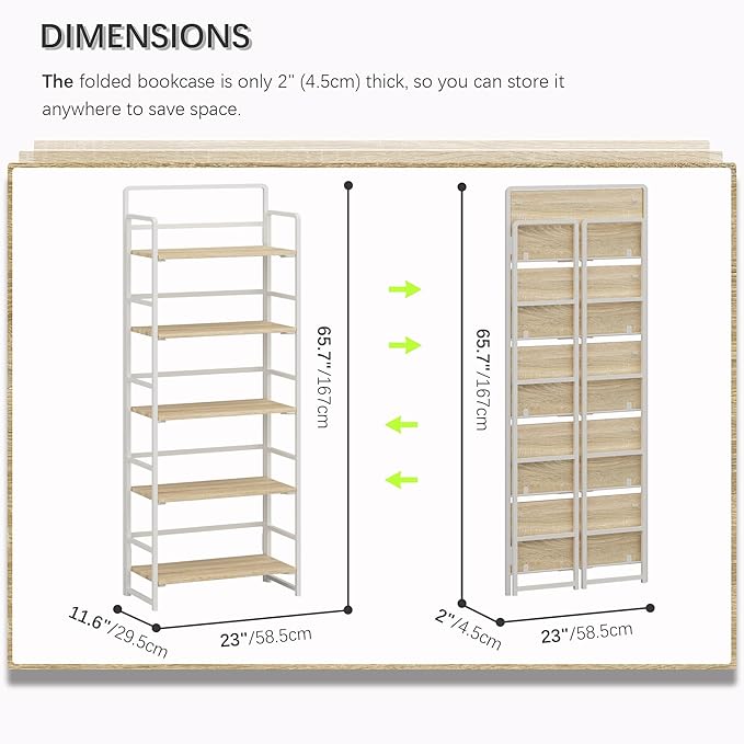 4NM No-Assembly 5 Tiers Folding Bookshelf Storage Shelves Vintage Bookcase Standing Racks Study Organizer Home Office (Natural and White) - LeafyLoom