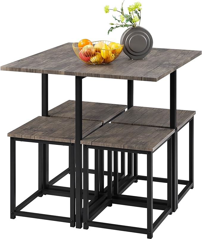 Yaheetech 5-Piece Dining Table Set with 4 Stools - Industrial Compact Kitchen Table & Chairs Sets, Space-Saving Design for Apartment, Small Space, Breakfast Nook, Drift Brown - LeafyLoom