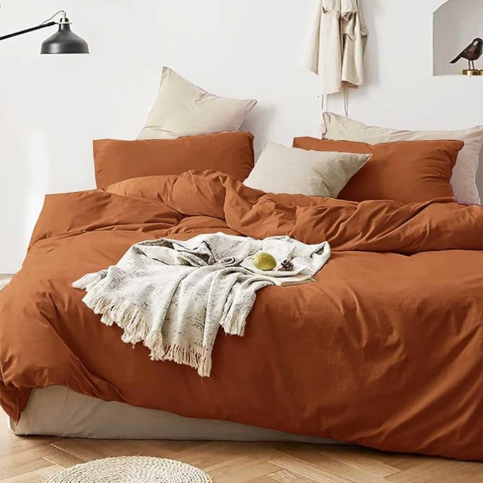 Burnt Orange Queen Comforter Set - 3 Piece Aesthetic Modern Terracotta Bedding Set - All Season Soft & Lightweight Microfiber Down Alternative Comforter Bed Set with 2 Pillow Shams for Women Men - LeafyLoom