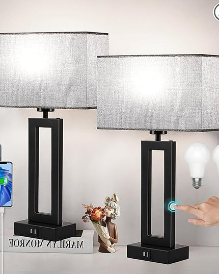Nightstand Lamps for Bedrooms Set of 2 Touch Control Table Lamp Bedside Lamp with USB C+A, 3 Way Dimmable Living Room Lamps for End Tables Modern Night Stand Lamps for Bed Side Guest Room, Gray&Black - LeafyLoom