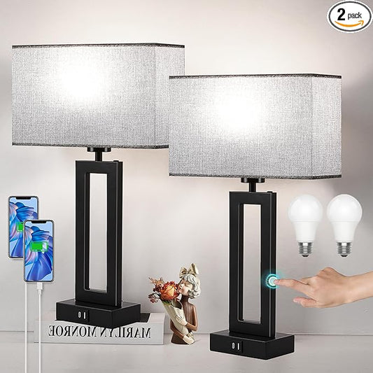 Nightstand Lamps for Bedrooms Set of 2 Touch Control Table Lamp Bedside Lamp with USB C+A, 3 Way Dimmable Living Room Lamps for End Tables Modern Night Stand Lamps for Bed Side Guest Room, Gray&Black - LeafyLoom
