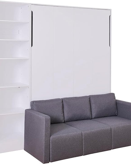 Merax, White Full Size Murphy Bed Wallbed with Sofa,Side Storage Shelves,Space Saving,for Guest Living Room - LeafyLoom