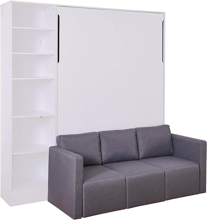 Merax, White Full Size Murphy Bed Wallbed with Sofa,Side Storage Shelves,Space Saving,for Guest Living Room - LeafyLoom