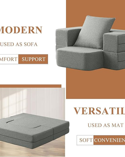 Convertible Folding Sofa - Modern Linen Fabric Coffee Table, Foldable Floor & Futon Couch, with Pillow for Living Room/Dorm/Guest Room/Home Office/Apartment,Single (2 in 1),Light Gray - LeafyLoom