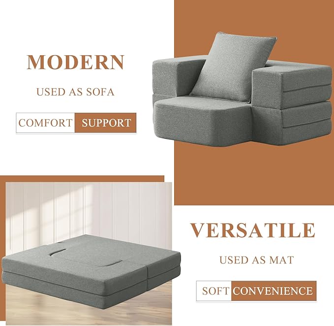 Convertible Folding Sofa - Modern Linen Fabric Coffee Table, Foldable Floor & Futon Couch, with Pillow for Living Room/Dorm/Guest Room/Home Office/Apartment,Single (2 in 1),Light Gray - LeafyLoom