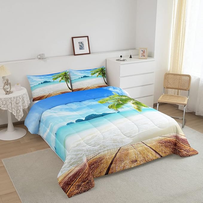 Beach Comforter Set Queen Size Ocean Bedding Set Tropical Palm Tree Hawaii Ocean Duvet Set Sunny Beach Coastal Nature Theme Duvet Set Sea Wave Mountain Brown Wooden Comforter Set 2 Pillowcases, Blue - LeafyLoom