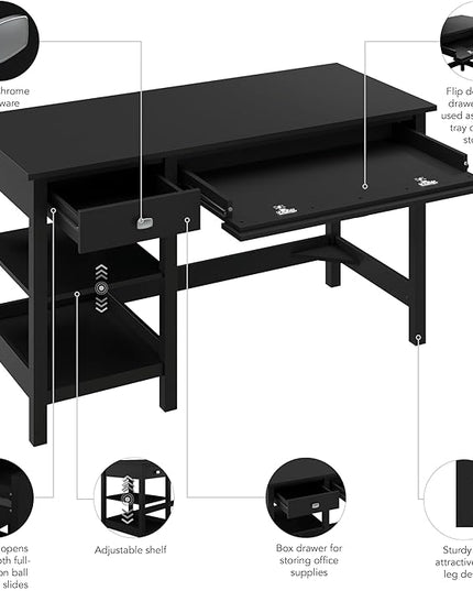 Bush Furniture Broadview 54W Computer Desk with Shelves in Classic Black| Personal Workstation Table and Storage for Home Office Workspace - LeafyLoom