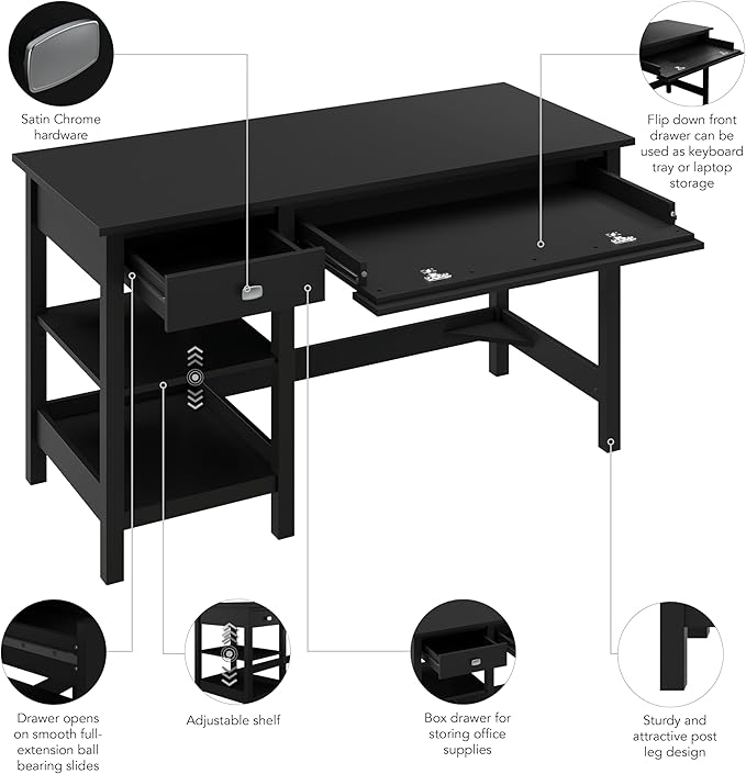 Bush Furniture Broadview 54W Computer Desk with Shelves in Classic Black| Personal Workstation Table and Storage for Home Office Workspace - LeafyLoom