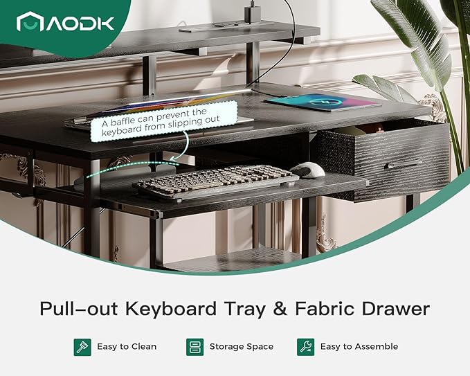 AODK Small Computer Desk with Keyboard Tray, 40 Inch Gaming Desk with Power Outlet, Office Desk with Drawer, Reversible Desk with Adjustable Monitor Shelf and Storage Shelf for Home, Black - LeafyLoom