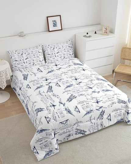 Feelyou Aircraft Bedding Set Kids Airplane Print Comforter Set Boys Girls Decor Aircraft Flying Comforter Cover Set Microfiber Sketch Style Blue White Duvet Set Bedroom Quilt Set Twin Size - LeafyLoom