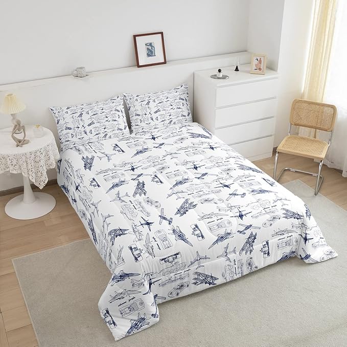 Feelyou Aircraft Bedding Set Kids Airplane Print Comforter Set Boys Girls Decor Aircraft Flying Comforter Cover Set Microfiber Sketch Style Blue White Duvet Set Bedroom Quilt Set Twin Size - LeafyLoom