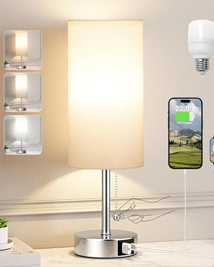 White Table Lamp for Bedroom Nightstand - Small Lamp with USB A + C Charging Port, 3 Color Temperatures Pull Chain Night Stand Light, Silver Base Desk Reading Lamp for Living Room - LeafyLoom
