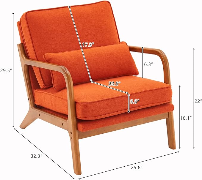 Bonnlo Linen Burnt Orange Mid Century Modern Accent Chair, Soild Wood Padding Lounge Armchairs Side Sitting Chairs for Living Room, Bedroom, Guest Room - LeafyLoom