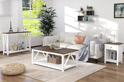 ChooChoo Farmhouse Coffee Table, Rustic Vintage Living Room Table with Shelf, 40 White - LeafyLoom