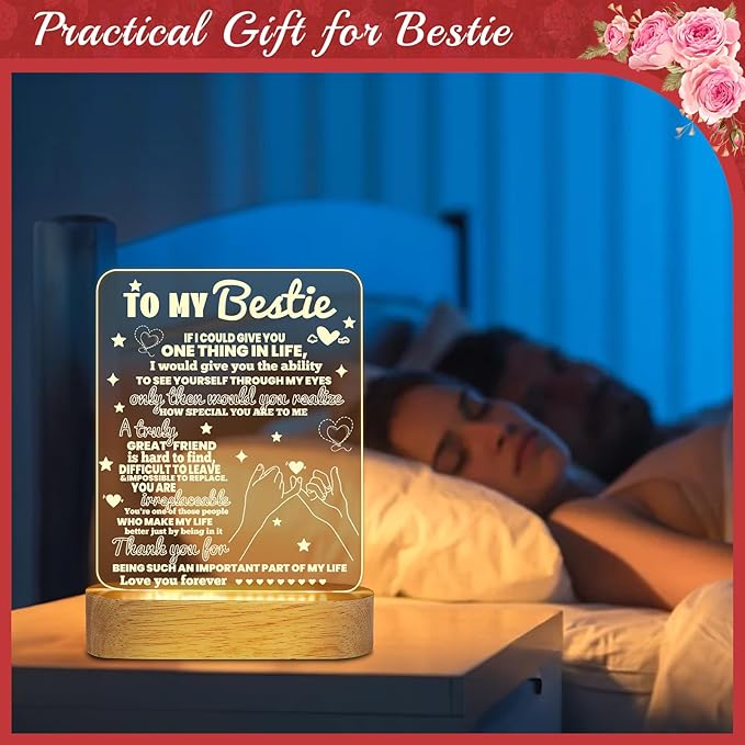 Linkax Bestie Gifts, Birthday Gifts for Women Teen Girls, 3D Illusion Lamp I Love You Friend Night Light for Best Friend Sister Girl Women BFF Holiday Friendship, Soft Warm White LED Wooden Table Lamp - LeafyLoom