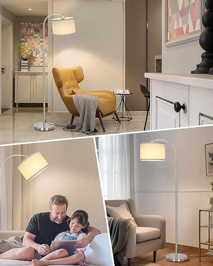 Boncoo Arc Floor Lamp, Dimmable Floor Lamp for Living Room, Silver Modern Standing Lamp with Adjustable Drum Shade, Tall Pole Lamp for Bedroom Study Room Office, 9W 3000K LED Bulb Included - LeafyLoom