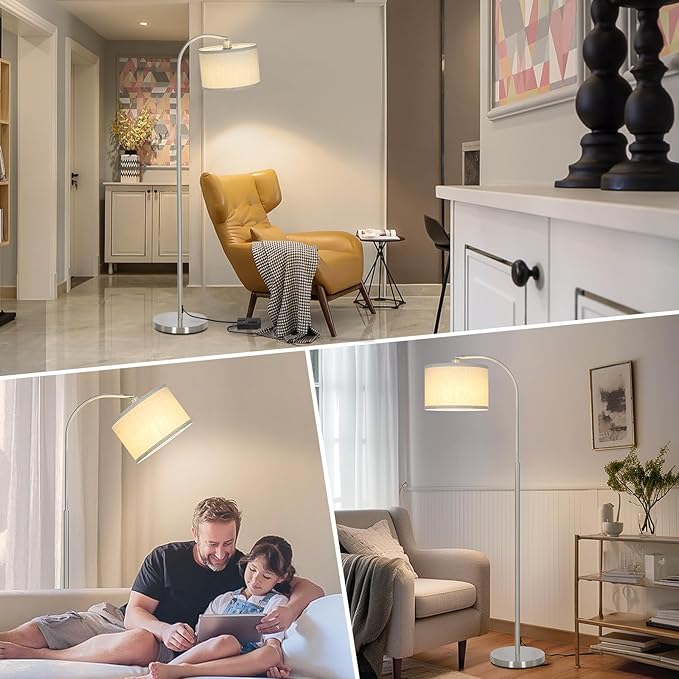 Boncoo Arc Floor Lamp, Dimmable Floor Lamp for Living Room, Silver Modern Standing Lamp with Adjustable Drum Shade, Tall Pole Lamp for Bedroom Study Room Office, 9W 3000K LED Bulb Included - LeafyLoom