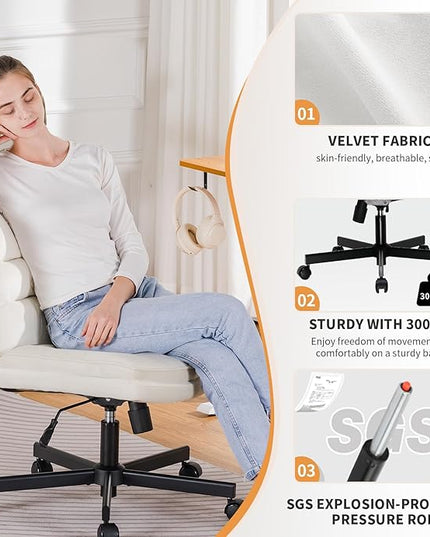 COMHOMA Criss Cross Chair with Wheels, Armless Wide Cross Legged Office Chair Mid Back, Modern Home Office Desk Chair Swivel Adjustable Vanity Computer Chair, Beige Velvet - LeafyLoom