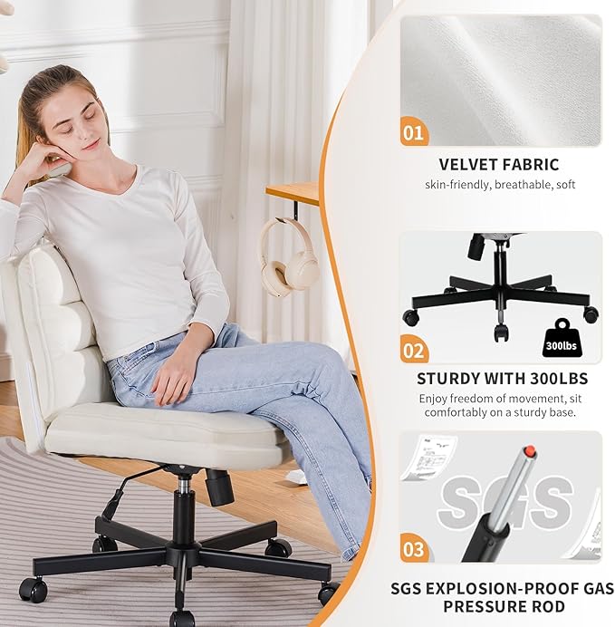COMHOMA Criss Cross Chair with Wheels, Armless Wide Cross Legged Office Chair Mid Back, Modern Home Office Desk Chair Swivel Adjustable Vanity Computer Chair, Beige Velvet - LeafyLoom