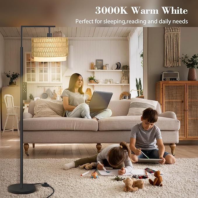 Pesare Rattan Floor Lamp Boho with Remote Control for Living Room,Stepless Dimmable LED Floor Lamp with 4 Color Temperature,Standing Lamps with Tall lamp for Living Room, Bedroom,Office… - LeafyLoom
