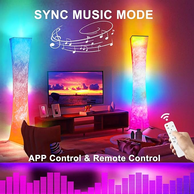 WORLD WIN Floor Lamp, Smart Led Lamp RGB Color Changing with APP & Remote Control, DIY Mode, Music Sync Standing Modern Corner Lamp for Living Room Bedroom Game (Square, 62 inch) - LeafyLoom