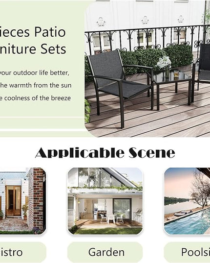Greesum 3 Pieces Patio Furniture Set Outdoor Conversation Textilene Fabric Chairs for Lawn, Garden, Balcony, Poolside with A Glass Coffee Table, Black - LeafyLoom