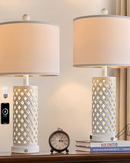 OYEARS 24.75'' Touch Control Table Lamp 3-Way Dimmable Bedroom Nightstand Set of 2 for Living Room Farmhouse Vintage Retro USB Bedside Ceramic Lamps with Linen Shade for Home Office (Bulb Included) - LeafyLoom