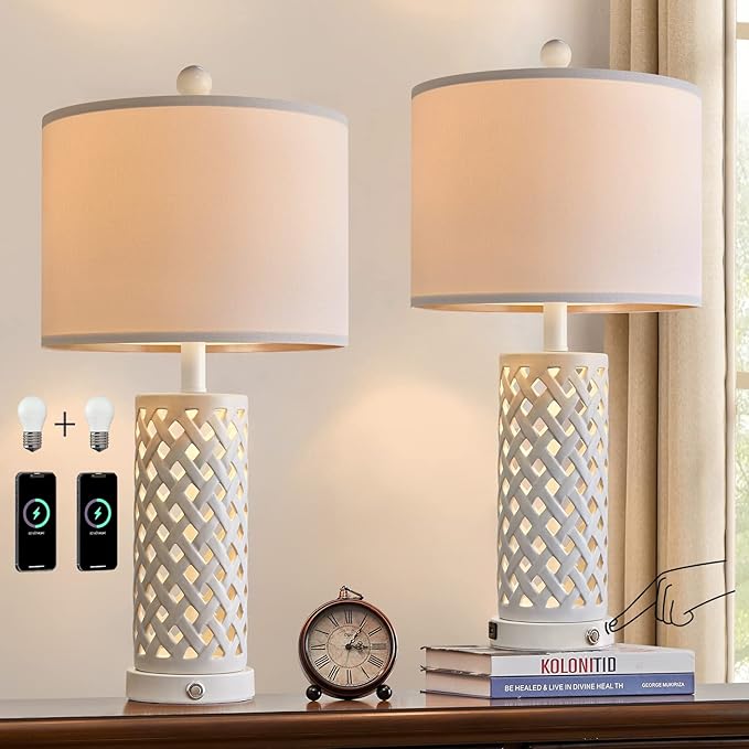 OYEARS 24.75'' Touch Control Table Lamp 3-Way Dimmable Bedroom Nightstand Set of 2 for Living Room Farmhouse Vintage Retro USB Bedside Ceramic Lamps with Linen Shade for Home Office (Bulb Included) - LeafyLoom