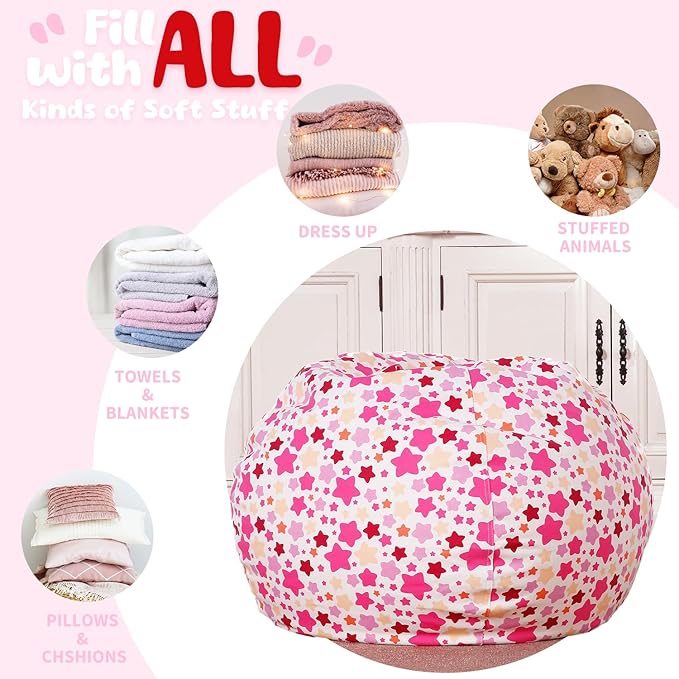 Wekapo Stuffed Animal Storage Bean Bag Chair Cover for Kids | Stuffable Zipper Beanbag for Organizing Children Plush Toys Large Premium Cotton Canvas (Small star, X-Large) - LeafyLoom