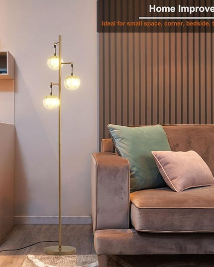 Modern 3 Globe Gold Floor Lamps for Living Room with Acrylic Crystal Sphere Shade and 3000K LED Bulbs, Contemporary Mid Century Standing Lamp, Farmhouse Retro for Bedroom Office - LeafyLoom