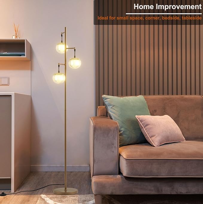 Modern 3 Globe Gold Floor Lamps for Living Room with Acrylic Crystal Sphere Shade and 3000K LED Bulbs, Contemporary Mid Century Standing Lamp, Farmhouse Retro for Bedroom Office - LeafyLoom