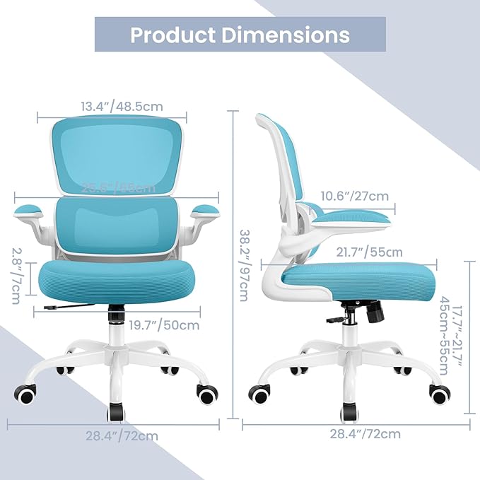 Office Chair, Ergonomic Desk Chair with Lumbar Support and Adjustable Armrests, Comfy Desk Chair Breathable Mesh Mid Back Computer Chair, Reclining Office Chair for Home Office - Blue - LeafyLoom