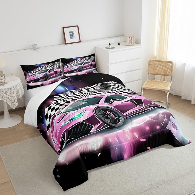Pink Race Car Bedding Set King Size,Racing Flag Black White Lattice Duvet Cover with 2 Pillowcases,Extreme Sport Game Comforter Cover for Kids Youths Boys Girls Room Decor,Modern Quilt Cover - LeafyLoom