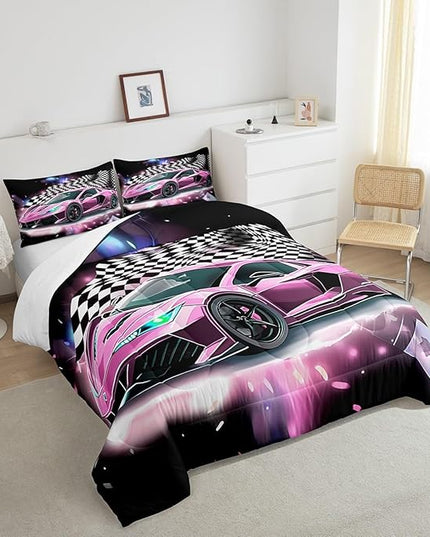 Pink Race Car Bedding Set Twin Size,Racing Flag Black White Lattice Duvet Cover with 1 Pillowcase,Extreme Sport Game Comforter Cover for Kids Youths Boys Girls Room Decor,Modern Quilt Cover - LeafyLoom