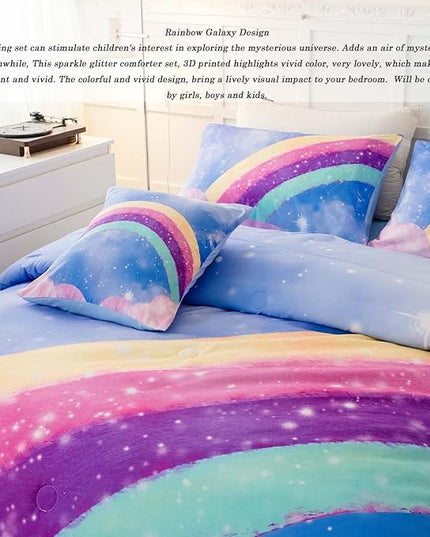 Sky Blue Teen Rainbow Comforter Set Queen Size for Girls, 6 Pieces Galaxy Gradient Bed in A Bag, 3D Galaxy Kids Bedding Comforter Sets with Comforter, Sheets and Pillowcases - LeafyLoom