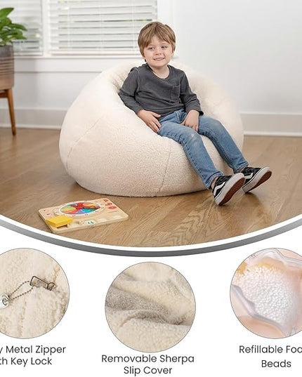 Flash Furniture Dillon Sherpa Bean Bag Chair, Classic Refillable Bean Bag Chair for Kids and Teens, Small, Natural - LeafyLoom