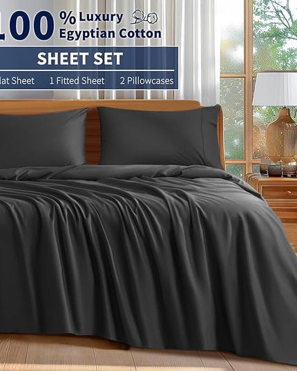 Shilucheng 100% Cotton King Size Sheets Set - 600 Thread Count，Luxury Egyptian Cotton Bed Sheets，5-Star Hotel Quality Sheets, Breathable & Cooling, 16 Inch Deep Pocket - 4 Piece (Black, King) - LeafyLoom